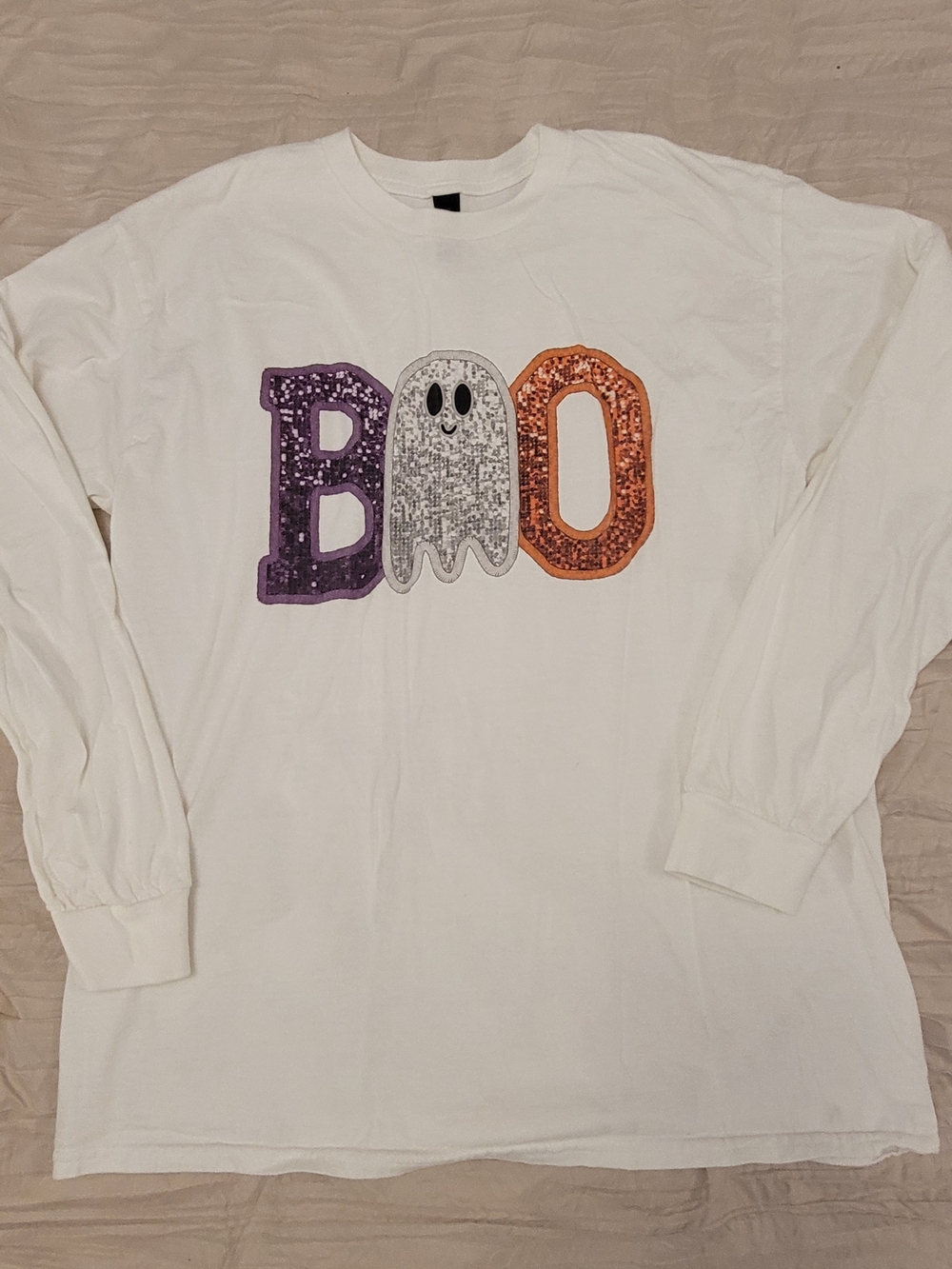 Kids White 'BOO' Sequin Ghost Long Sleeve Shirt